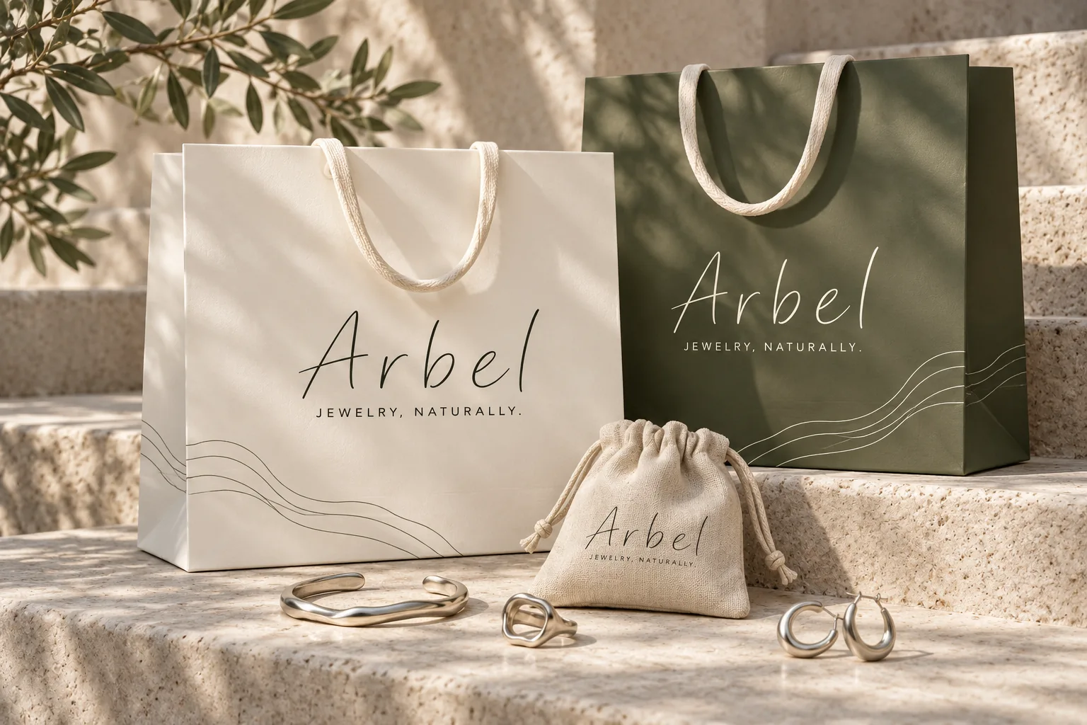 שתי שקיות נייר של Arbel, בשנהב ובזית, עם שקיק בד ותכשיטים בגוון כסף על מדרגות אבן.
