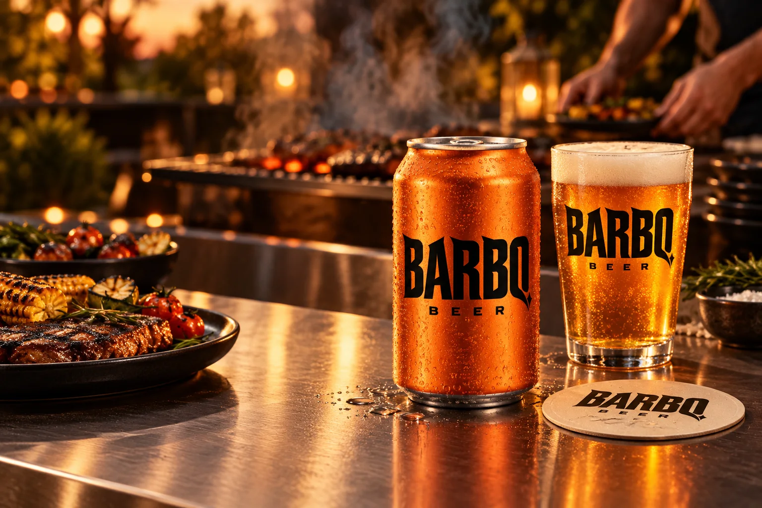 פחית BARBQ כתומה וכוס ממותגת על דלפק, לצד גריל מואר באור ערב