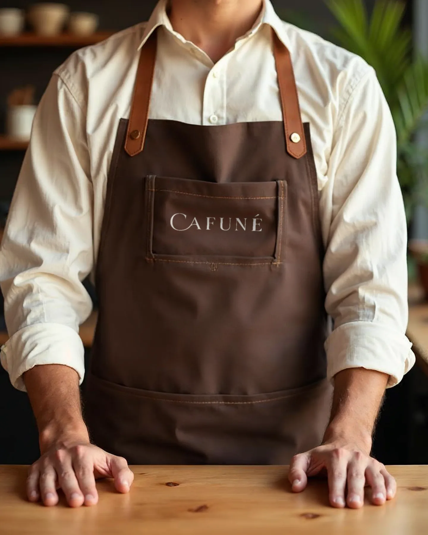 סינר חום עם רצועות עור וכתב השם CAFUNÉ על הכיס