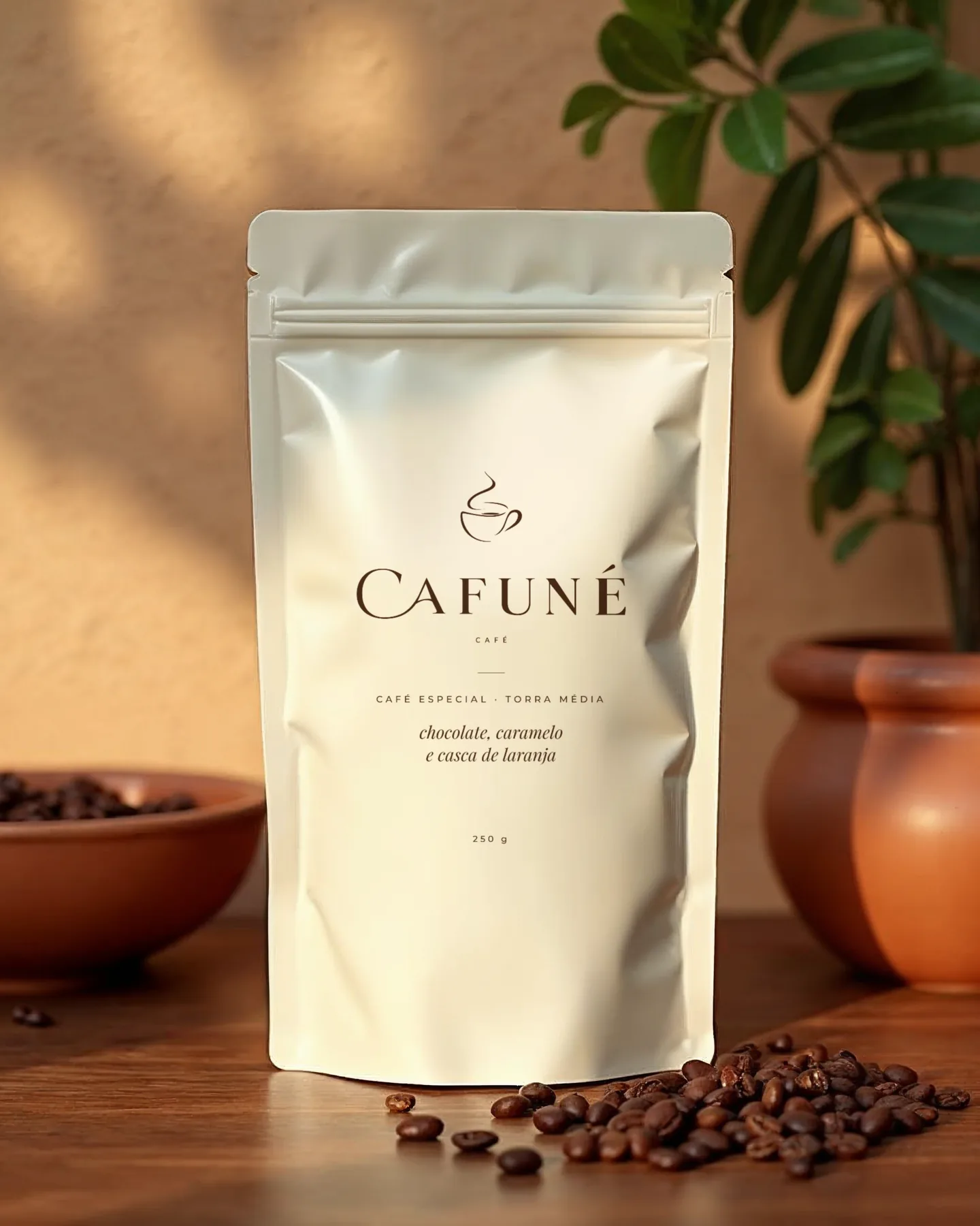 שקית פולי קפה בצבע שמנת עם הלוגו של CAFUNÉ, לצד פולי קפה קלויים