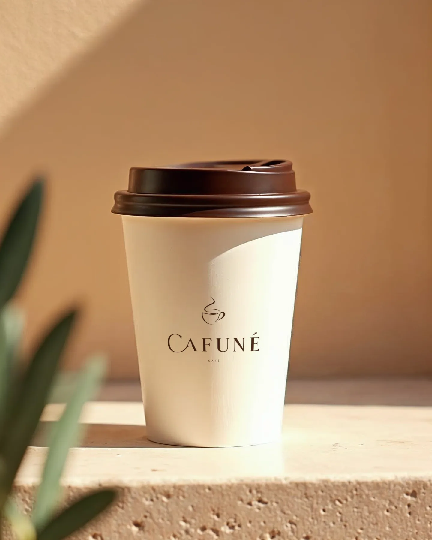 כוס נייר לדרך בצבע שמנת עם מכסה חום והלוגו של CAFUNÉ
