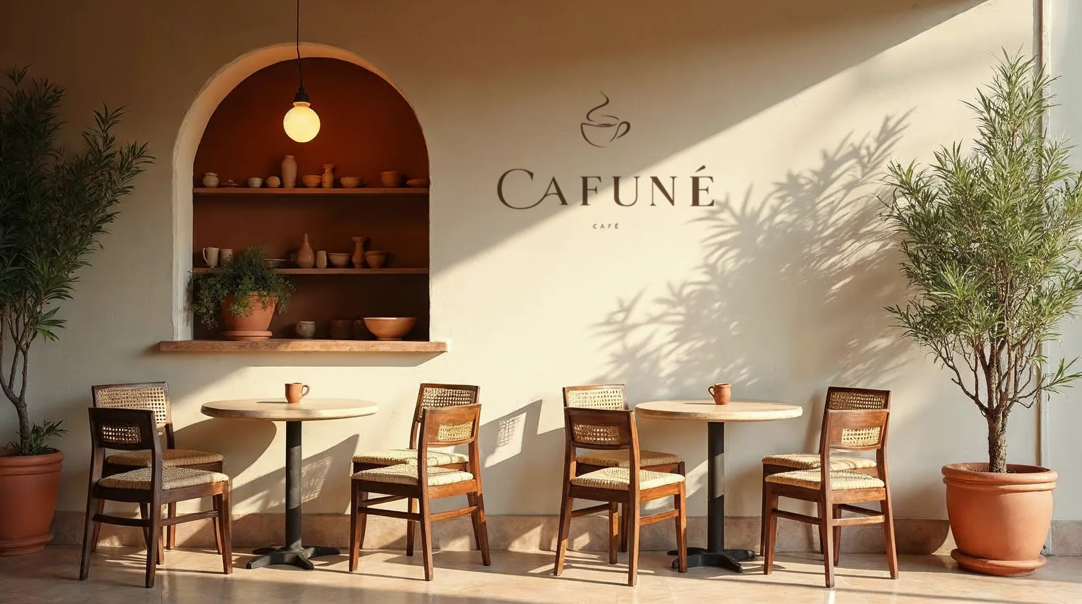 חלל בית קפה קטן וחמים: הלוגו של CAFUNÉ מצויר על קיר טיח, כיסאות עץ וקש, ועצי זית בעציצי חרס