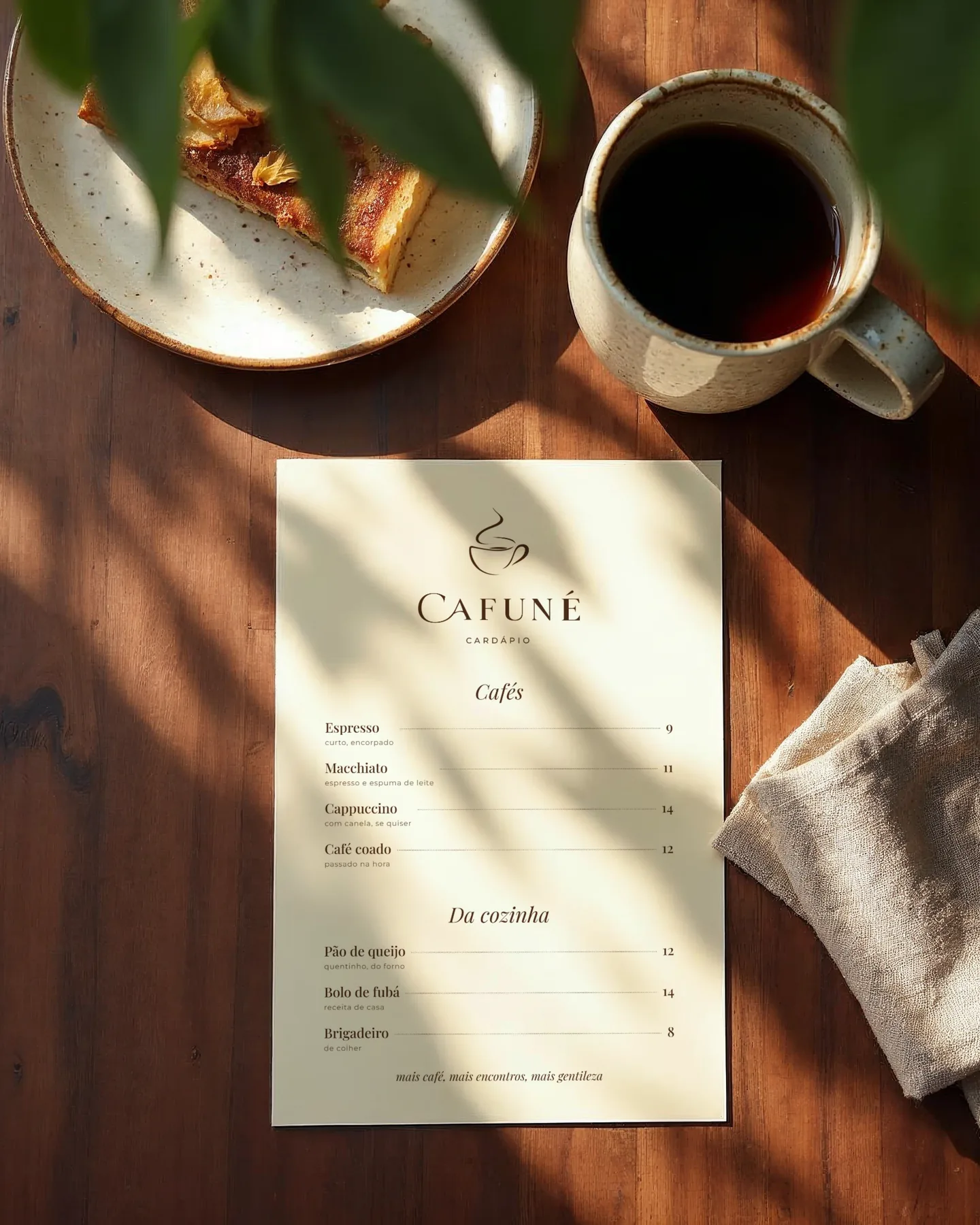 תפריט מודפס של CAFUNÉ על שולחן עץ, לצד כוס קפה ומפית פשתן