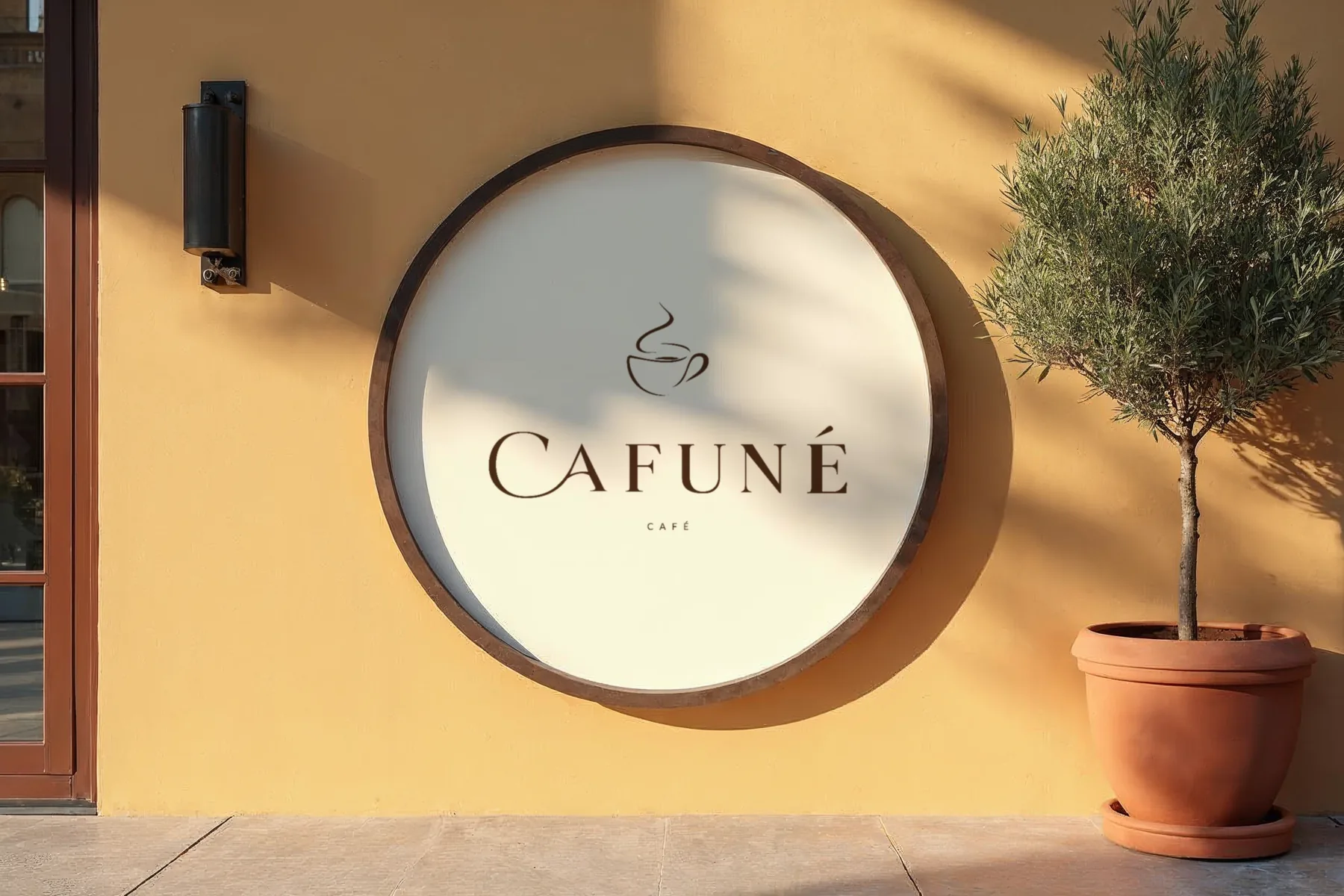 שלט עגול עם הלוגו של CAFUNÉ על קיר טיח בצבע חול, לצד עץ זית בעציץ חרס