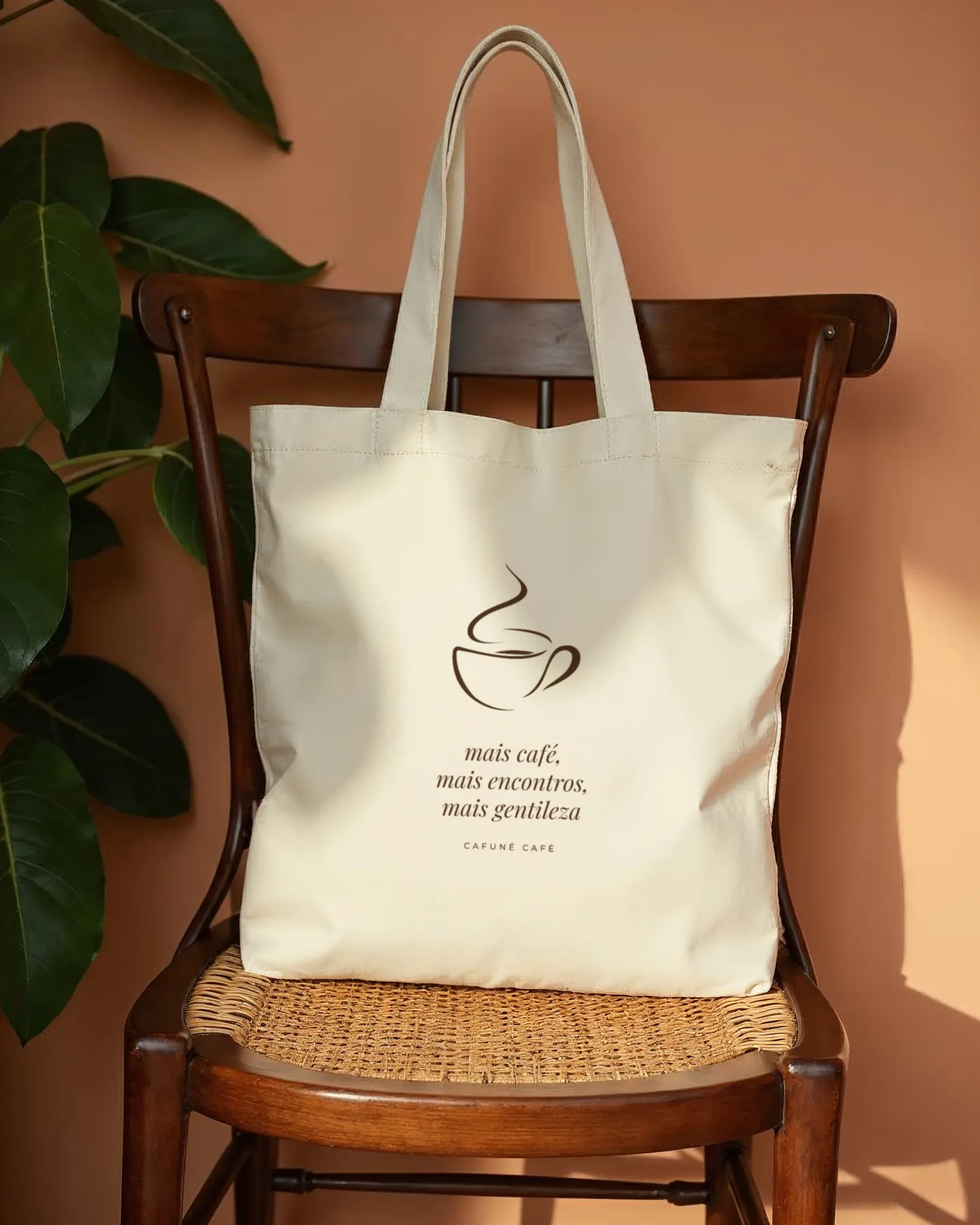 תיק בד בהיר עם הסמל של CAFUNÉ והמשפט mais café, mais encontros, mais gentileza