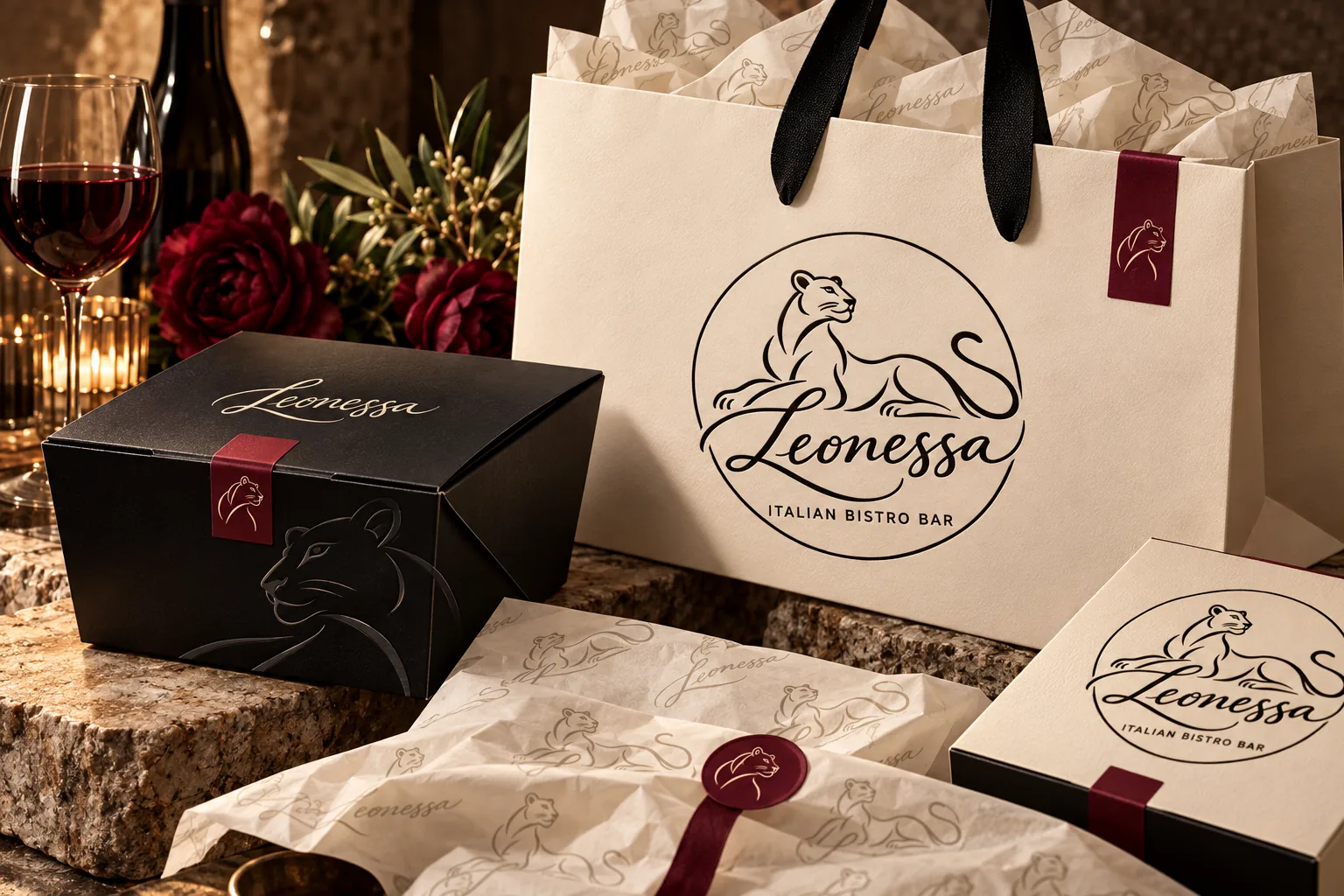 הדמיית שקית ואריזות לקחת עם לוגו Leonessa בגוני שחור ושנהב
