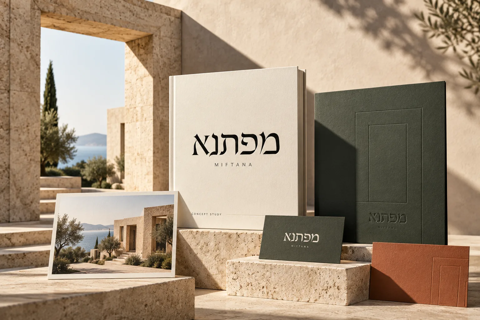 עולם המותג מפתנא עם ספר, תיק וניירת על משטחי אבן