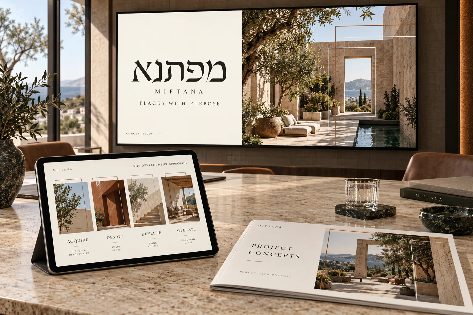 מצגת מפתנא על מסך ולצדה טאבלט וחוברת