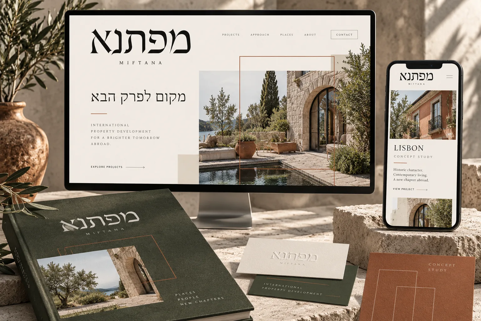 הדמיית אתר מפתנא על מחשב וטלפון לצד חומרי דפוס