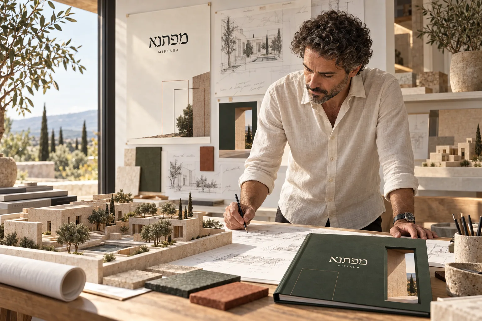 דמות מומחשת עובדת על מודל אדריכלי בסטודיו רעיוני