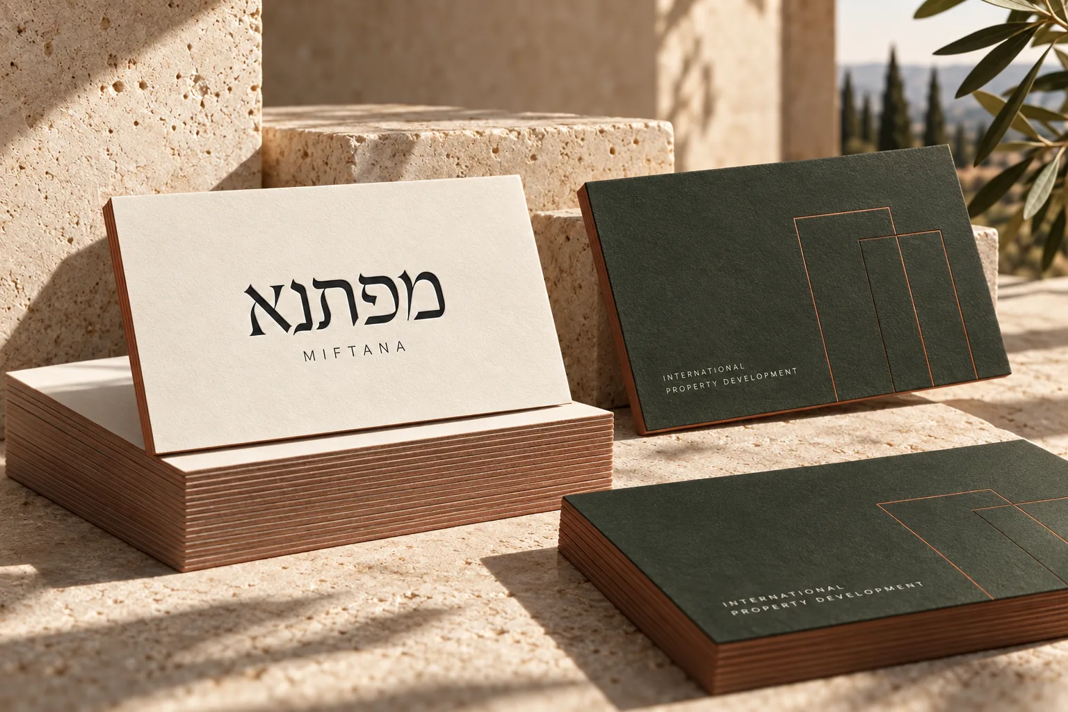 כרטיסי ביקור מפתנא בגוני אבן וירוק זית