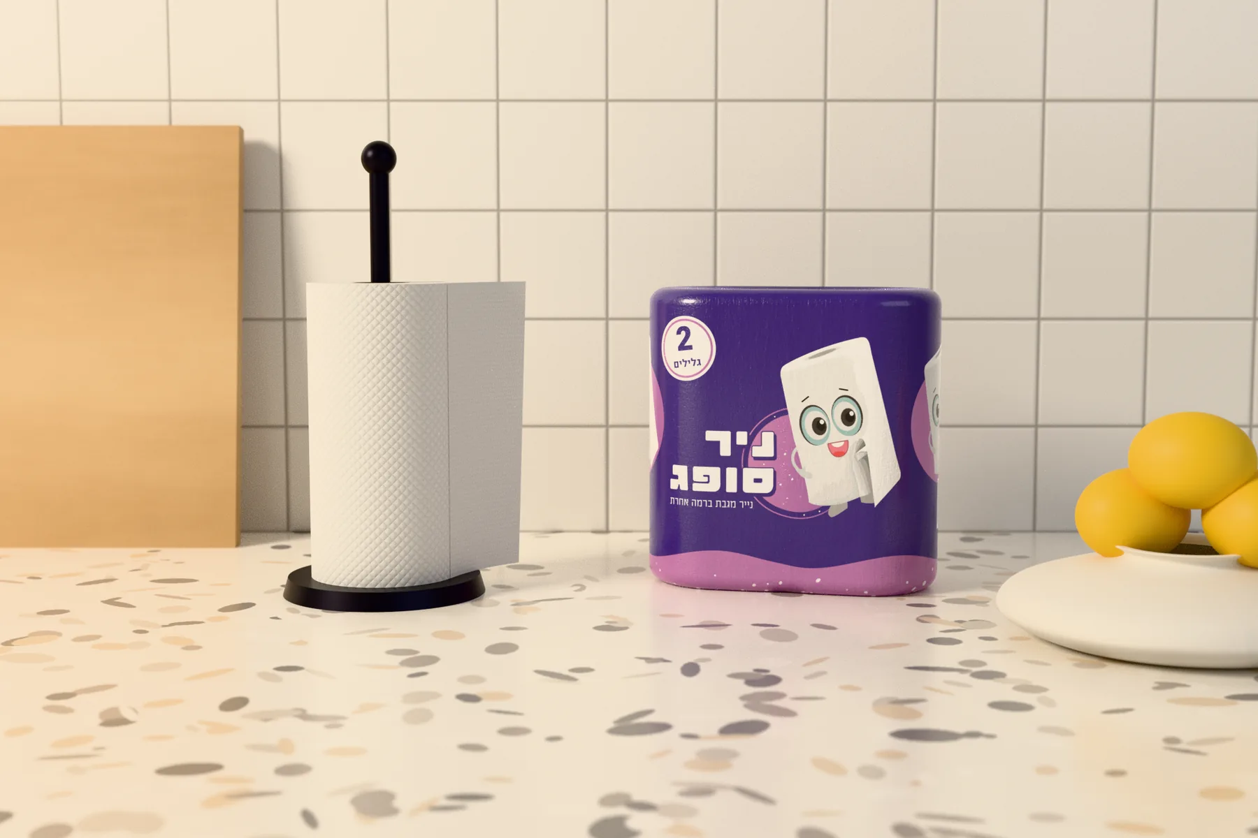 הדמיה של גליל נייר על מעמד לצד אריזה זוגית של ניר סופג, על שיש מטבח בהיר