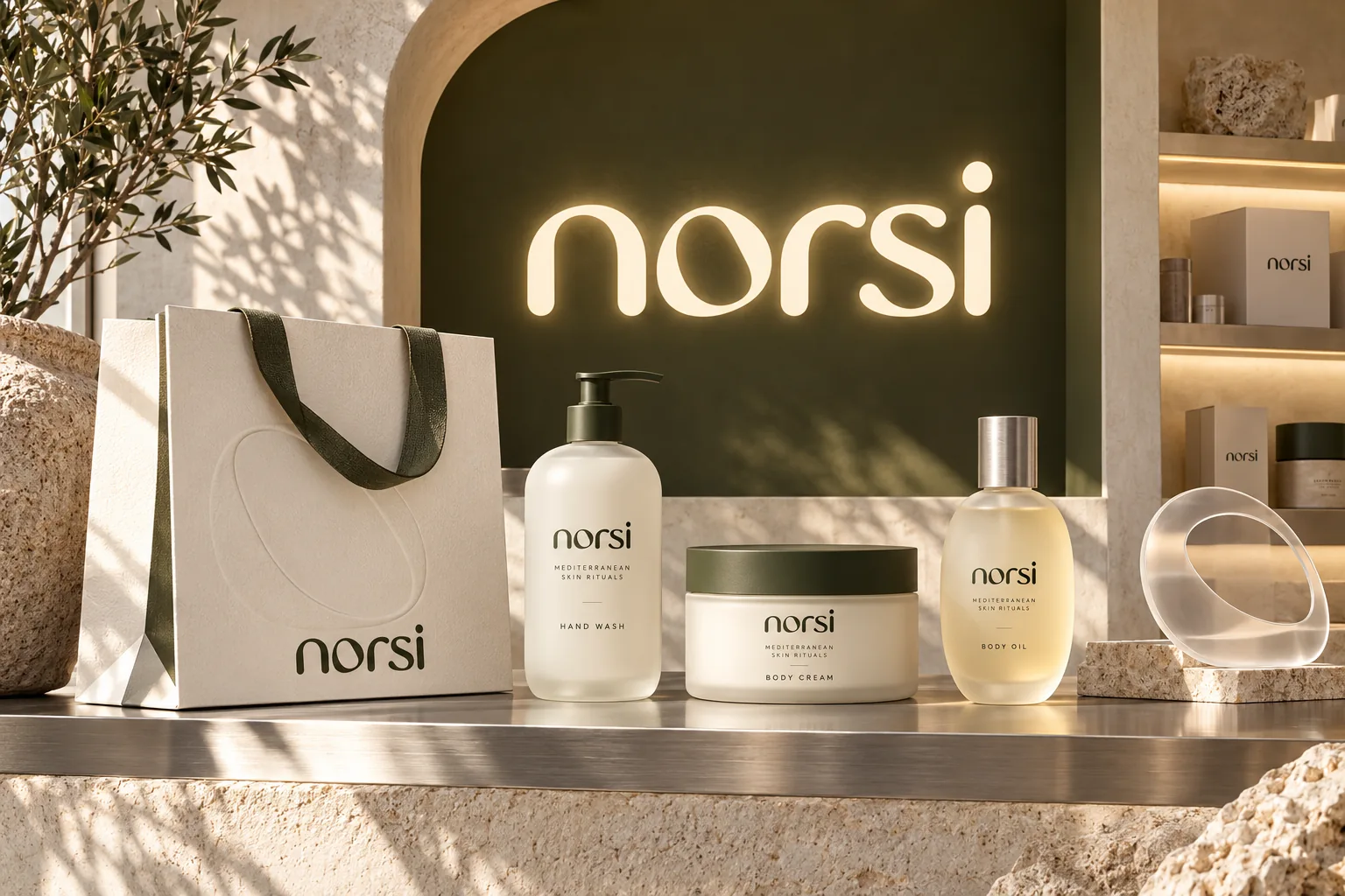 NORSI conceptual boutique display with illuminated wordmark, products, shopping bag and mineral surfaces.