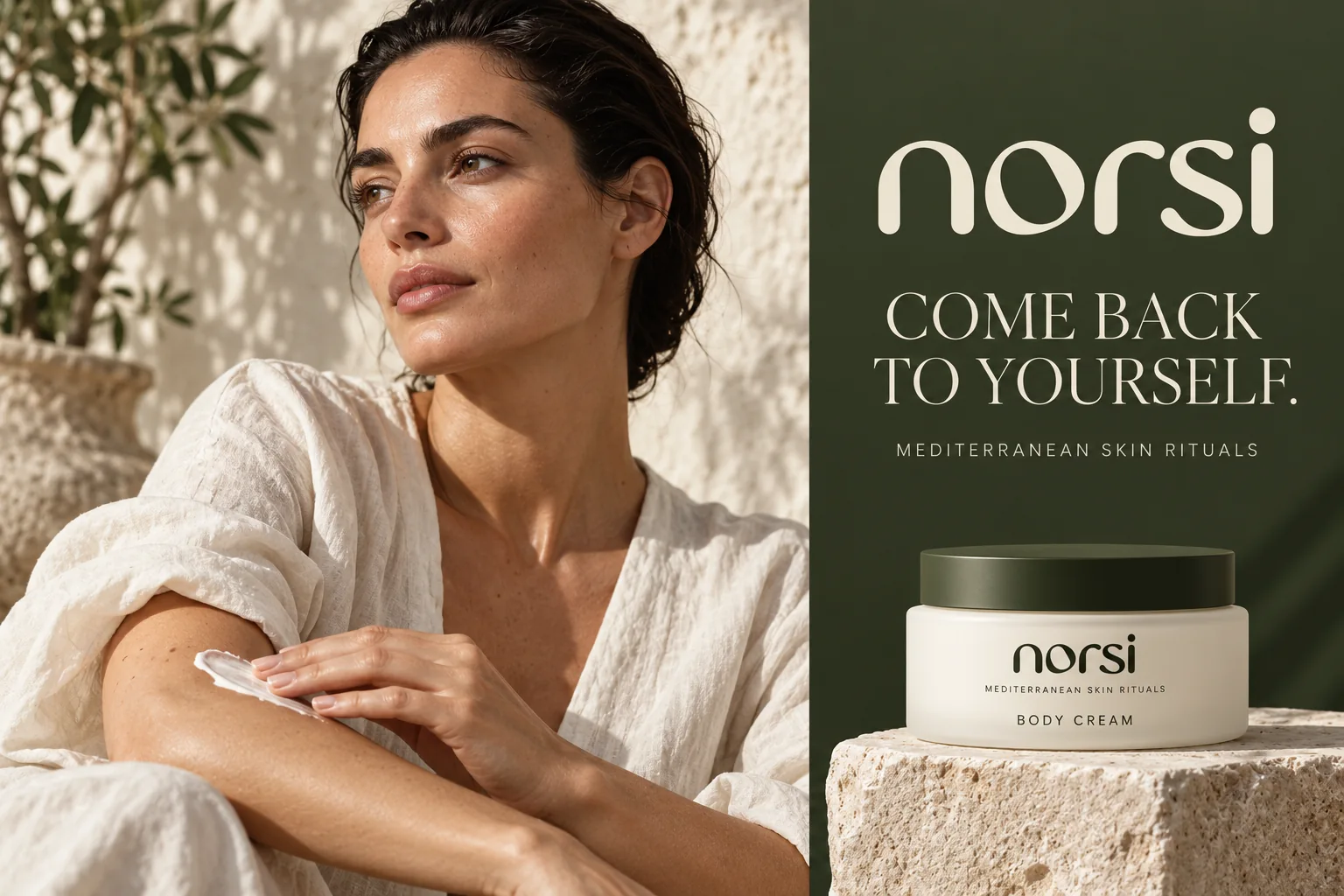 NORSI concept campaign with a woman applying cream beside the line Come Back To Yourself and a body cream jar.