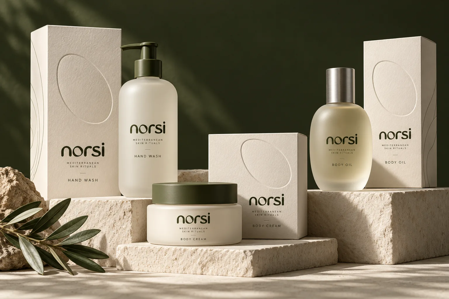 NORSI concept hand wash, body cream and body oil with matching chalk cartons against an olive backdrop.