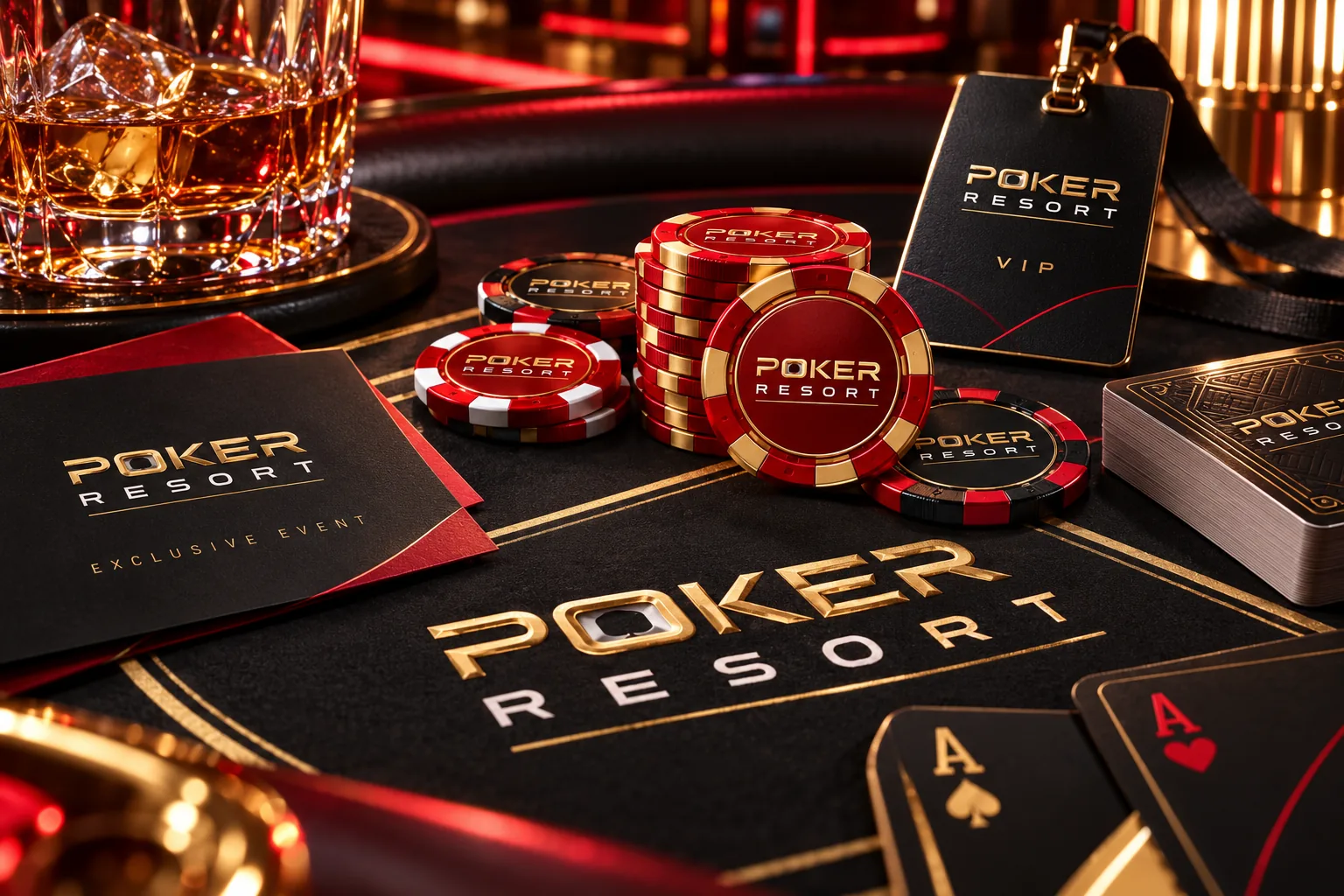 הדמיית פריטי Poker Resort: ג׳יטונים, כרטיסים ותג ממותג באדום, שחור וזהב