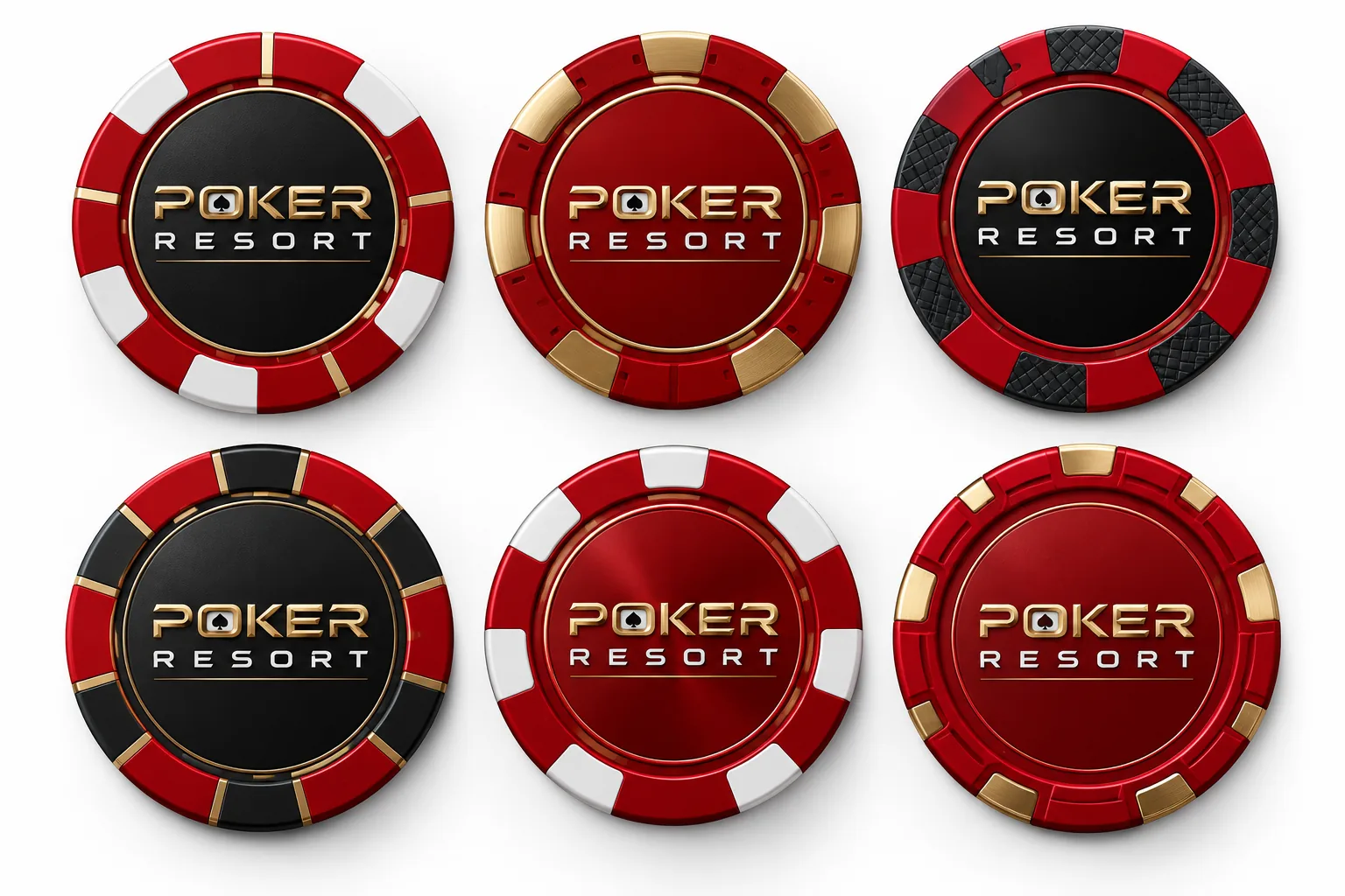 שש הדמיות ג׳יטונים עם לוגו Poker Resort בצבעי אדום, שחור, לבן וזהב