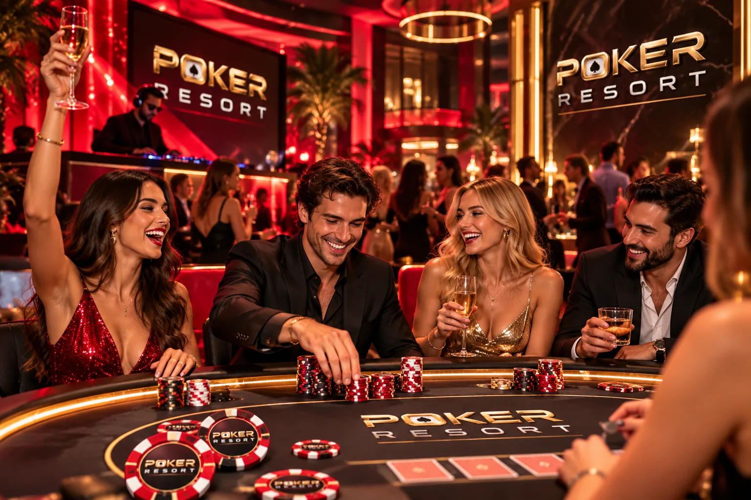 הדמיית אווירת ערב לקהל בוגר, עם שילוט Poker Resort ותאורה אדומה וזהובה