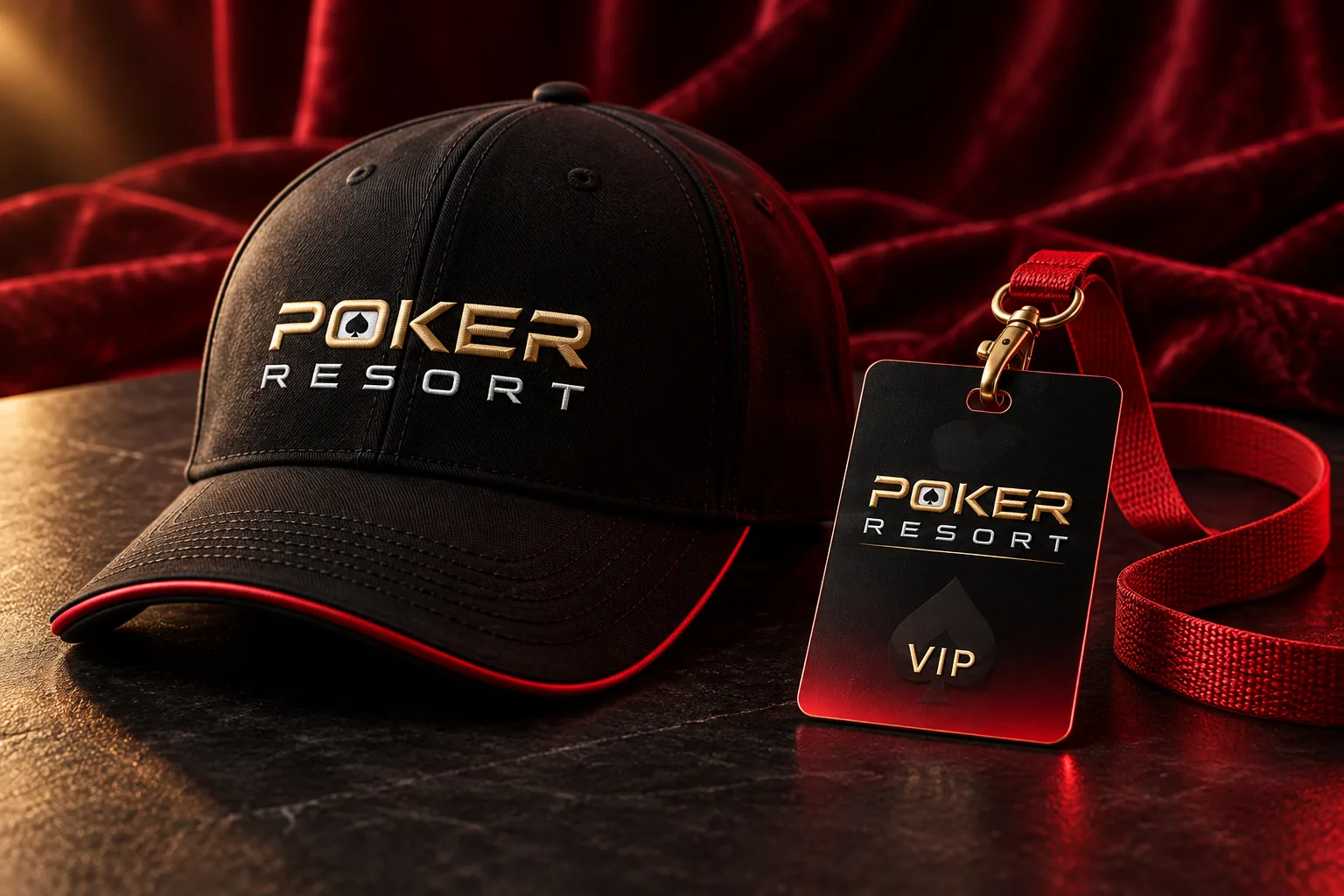 הדמיית קונספט לכובע שחור עם לוגו Poker Resort רקום ותג אירוח עם רצועה אדומה