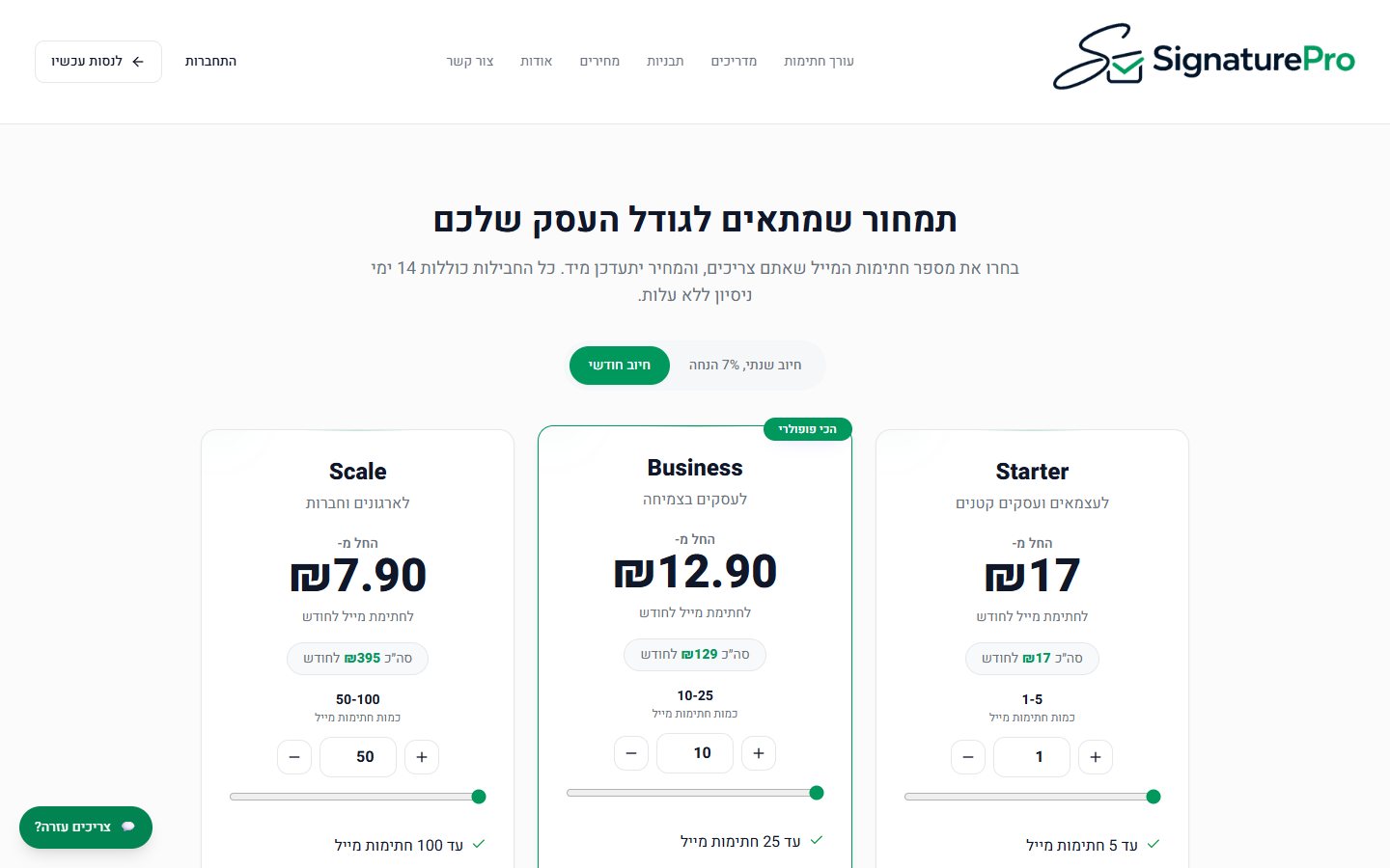 מסלולי התמחור של SignaturePro לפי מספר חתימות