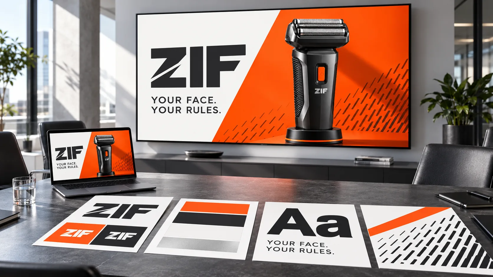 מצגת המותג ZIF על מסך בחדר ישיבות, ולפניה לוחות עם הלוגו, הצבעים, הטיפוגרפיה והדפוס הגרפי