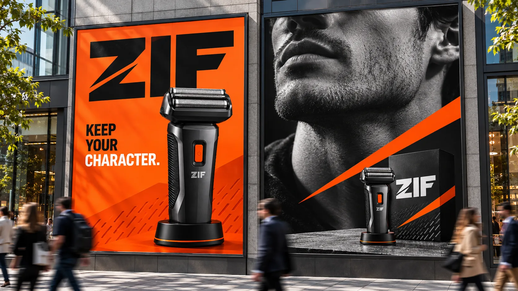שני שלטי חוצות של ZIF בחזית רחוב: מכונת הגילוח על רקע כתום ודיוקן בשחור לבן עם חיתוך כתום