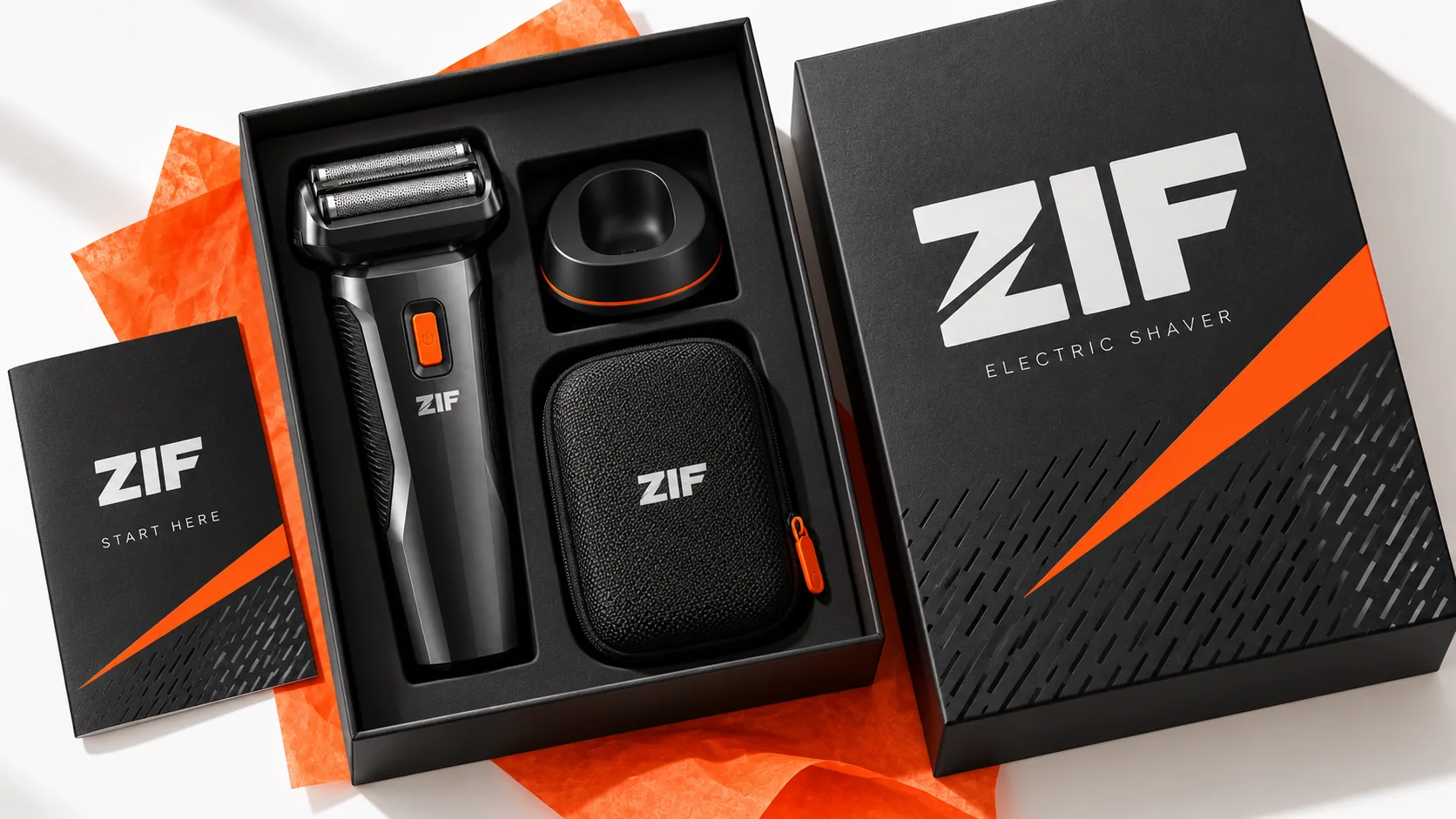 מארז ZIF פתוח ובו מכונת הגילוח, עמדת טעינה ונרתיק נסיעות, לצד מכסה גרפיט עם חיתוך כתום וחוברת פתיחה