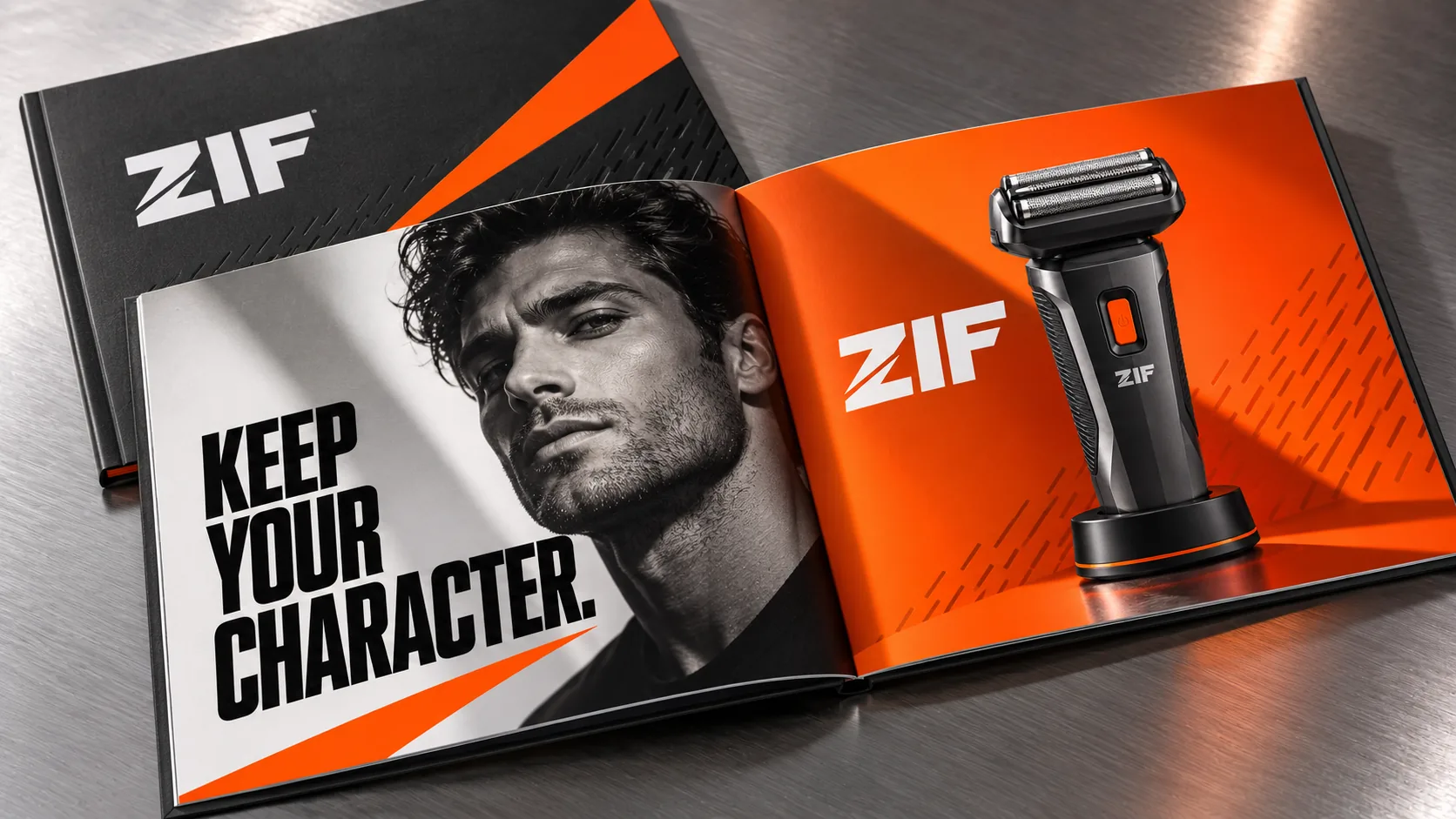 קטלוג מודפס של ZIF פתוח על משטח מתכת: דיוקן בשחור לבן עם הכותרת KEEP YOUR CHARACTER. ומכונת הגילוח על רקע כתום