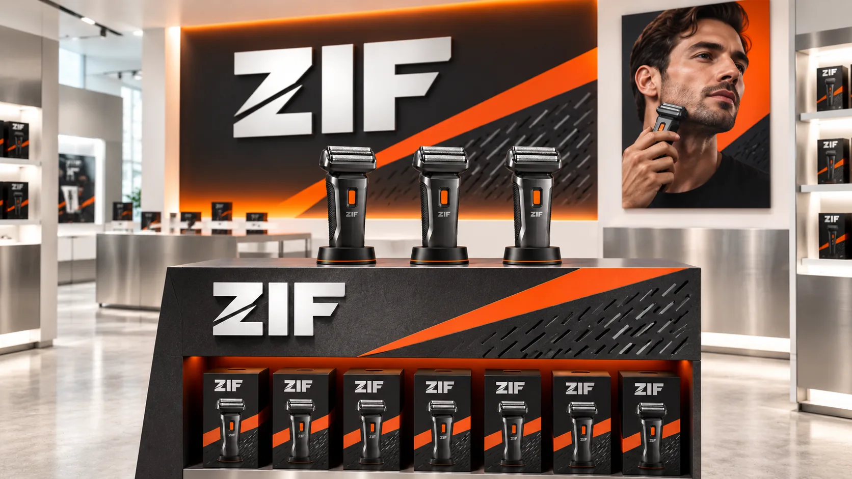 עמדת תצוגה של ZIF בחנות עם שלוש מכונות גילוח, אריזות ושילוט פנים עם הלוגו
